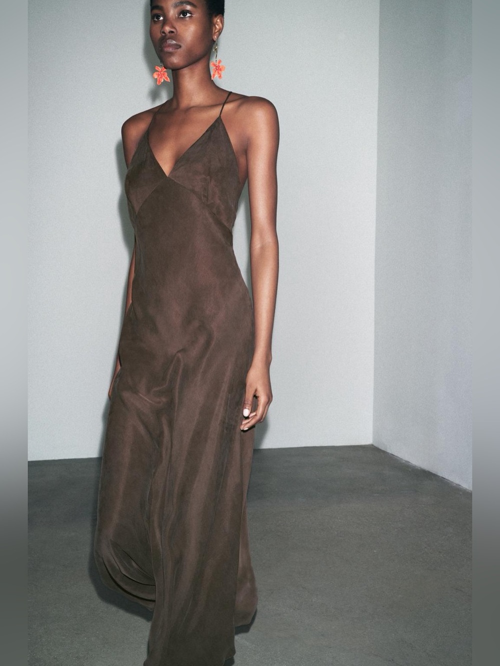 Zara NWT Brown Slip Maxi Casual Summer Dress with Slim Straps
